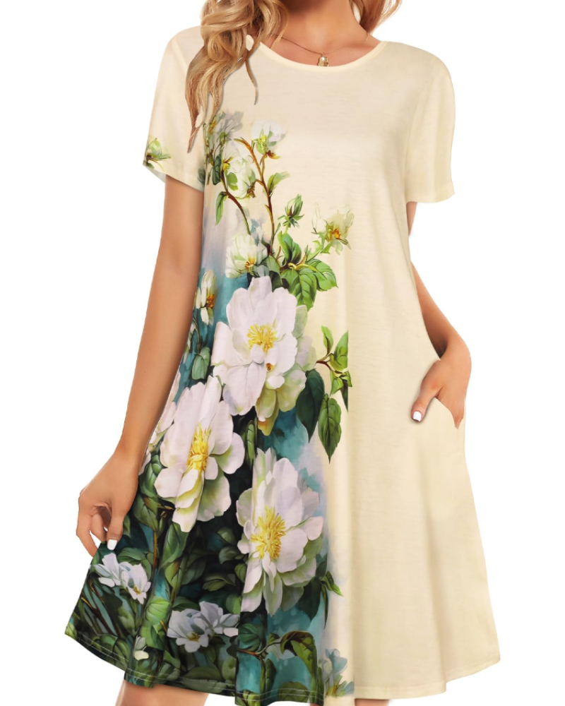 Merena Women's Summer Dress – Floral T-Shirt, Short Sleeves & Casual Dress with Pockets