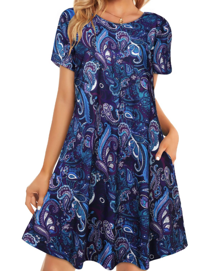 Merena Women's Summer Dress – Floral T-Shirt, Short Sleeves & Casual Dress with Pockets