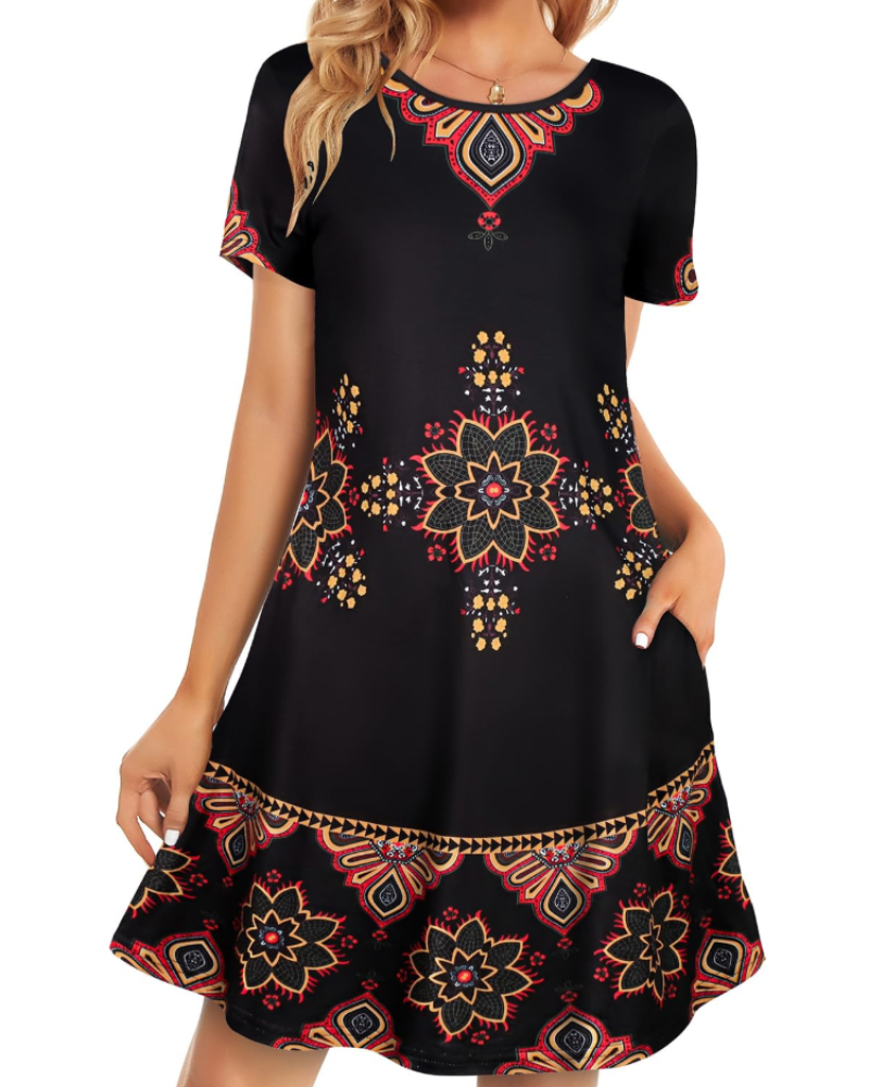 Merena Women's Summer Dress – Floral T-Shirt, Short Sleeves & Casual Dress with Pockets