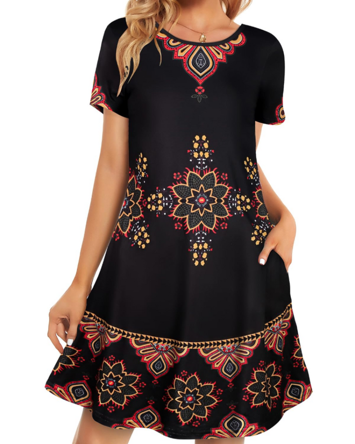 Merena Women's Summer Dress – Floral T-Shirt, Short Sleeves & Casual Dress with Pockets