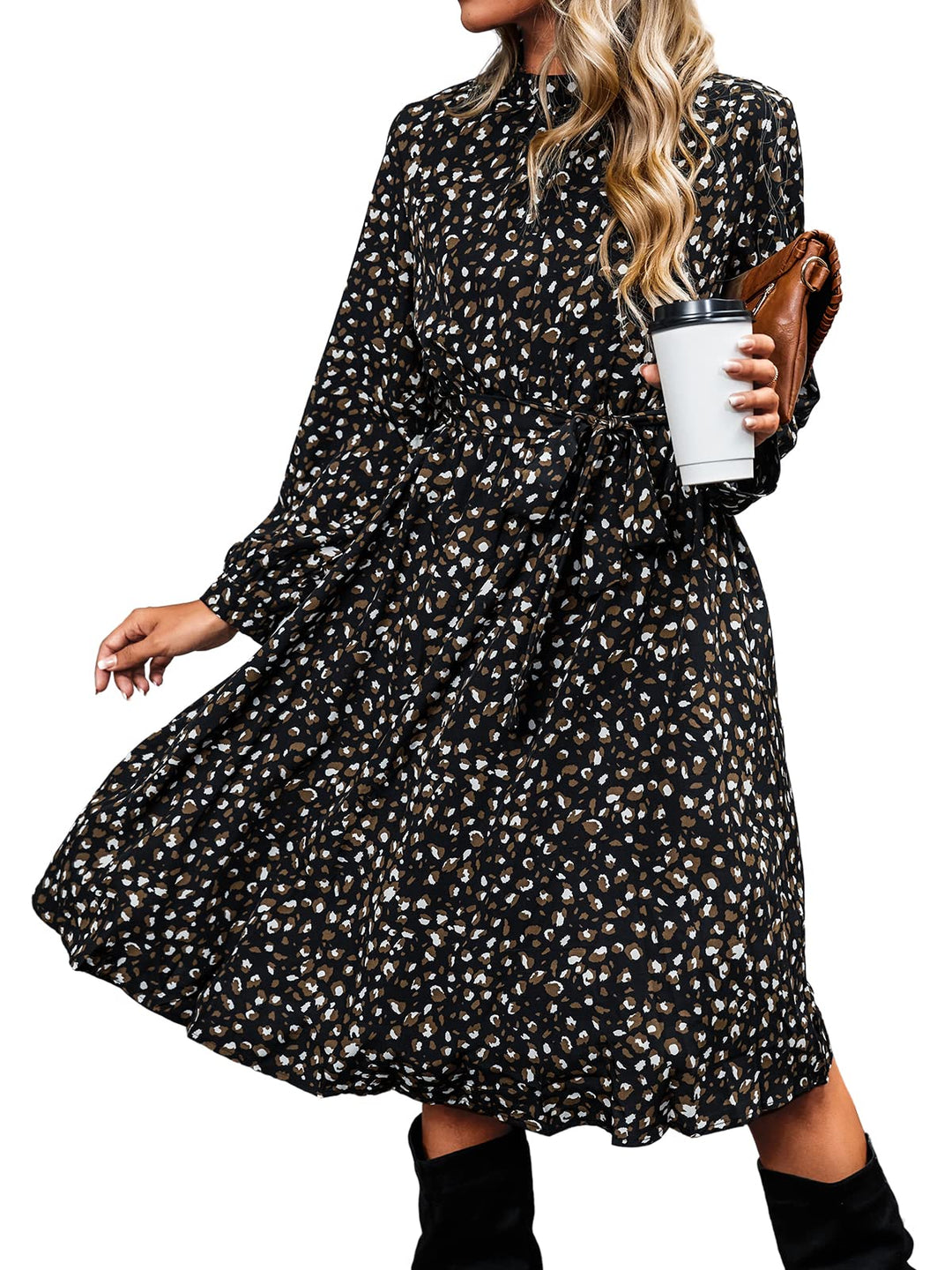 Lior Rochie Damă Leopard – Guler Înalt, Mâneci Lungi și Talie Reglabilă, Croială A-Line