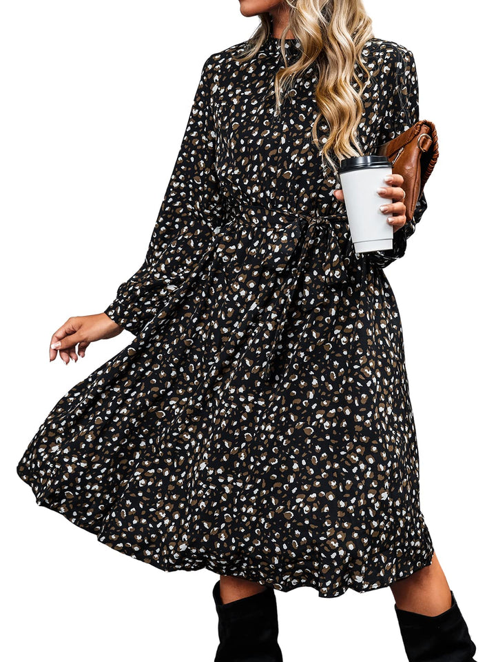 Lior Rochie Damă Leopard – Guler Înalt, Mâneci Lungi și Talie Reglabilă, Croială A-Line