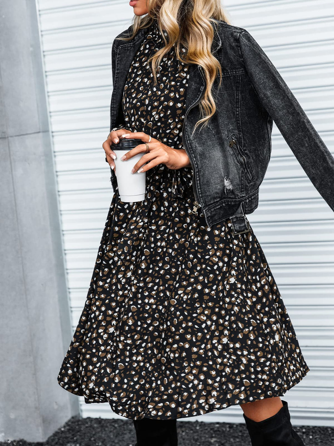 Lior Rochie Damă Leopard – Guler Înalt, Mâneci Lungi și Talie Reglabilă, Croială A-Line
