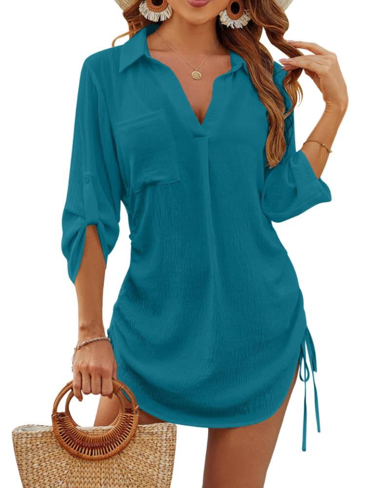 Noemi Maillot de bain femme – Chemise de plage avec cordon, manches 3/4 et style casual chic