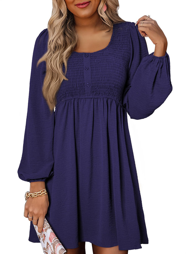 Vestido Midi Elara para Mujer – Mangas Largas, Cuello Redondo y Corte A en Muselina Elegante