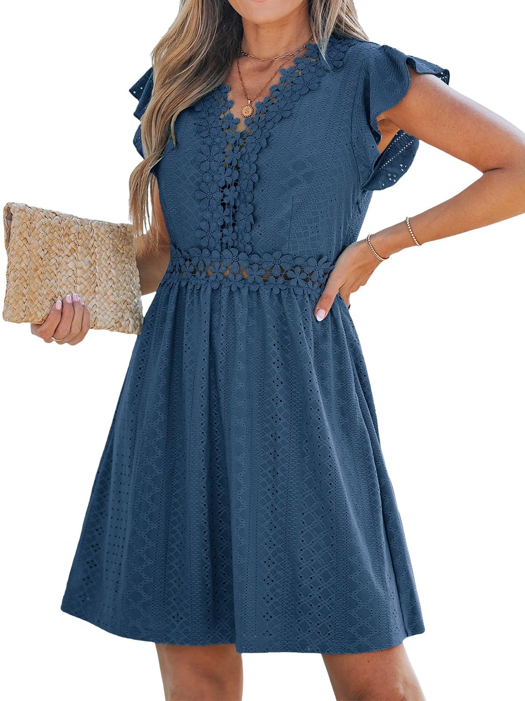 Aria Robe Femme en Dentelle – Col V, Manches Volantes & Mini Élégante d'Été