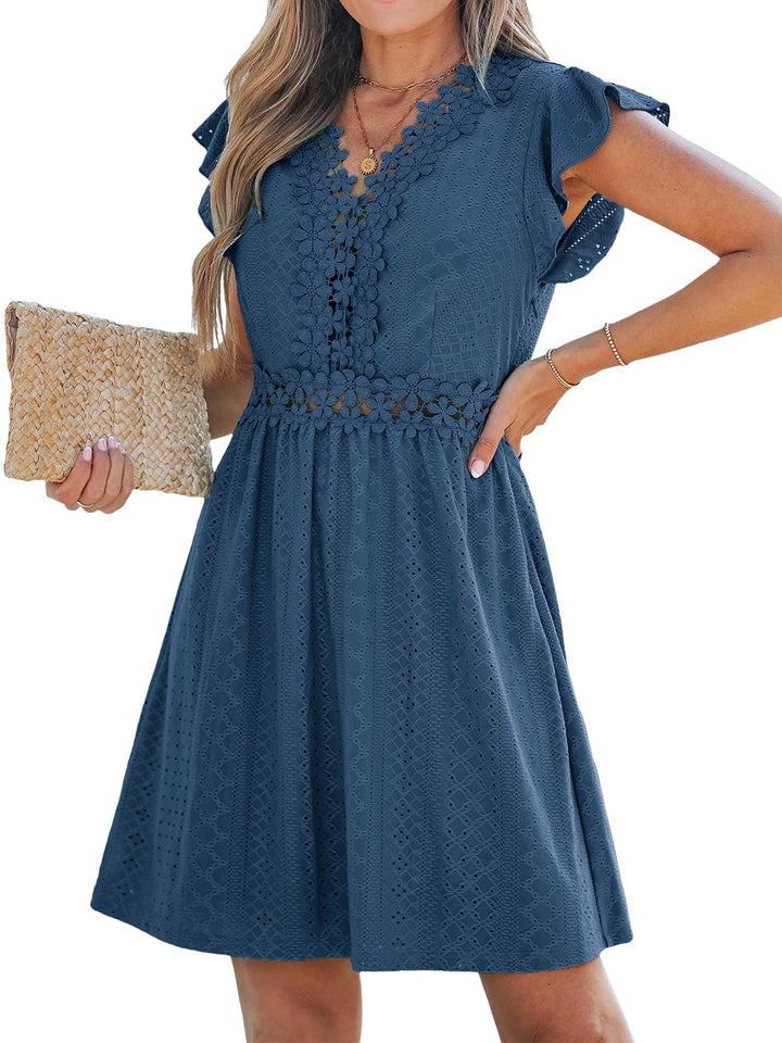 Aria Robe Femme en Dentelle – Col V, Manches Volantes & Mini Élégante d'Été