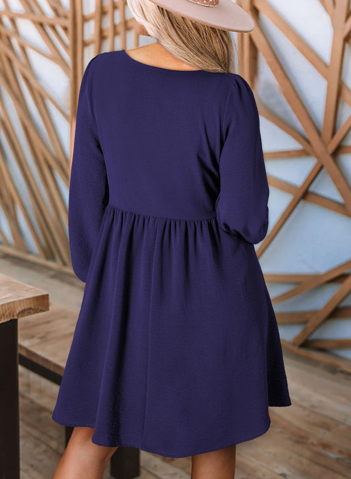 Vestido Midi Elara para Mujer – Mangas Largas, Cuello Redondo y Corte A en Muselina Elegante