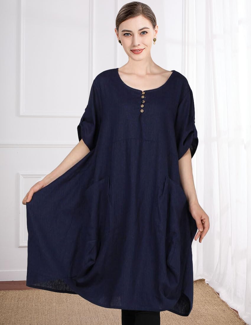 Wisteria Vestido Túnica Mujer – Lino Algodón, Mangas Cortas y Bolsillos Boho Oversize