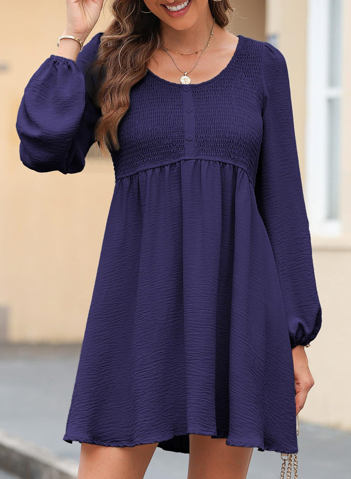 Vestido Midi Elara para Mujer – Mangas Largas, Cuello Redondo y Corte A en Muselina Elegante