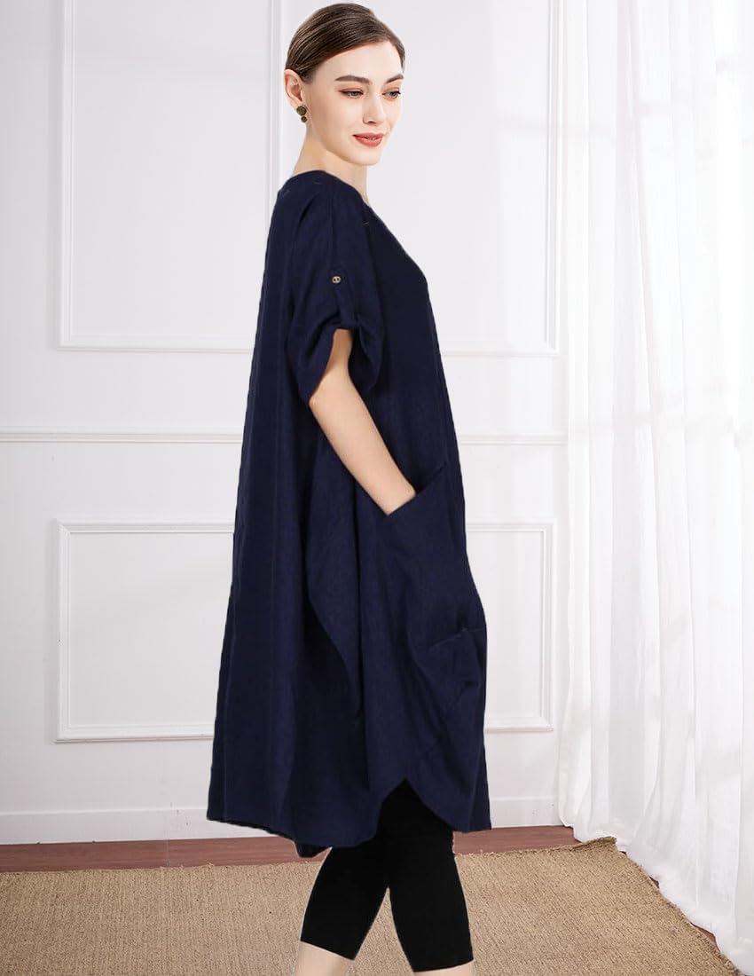 Wisteria Vestido Túnica Mujer – Lino Algodón, Mangas Cortas y Bolsillos Boho Oversize