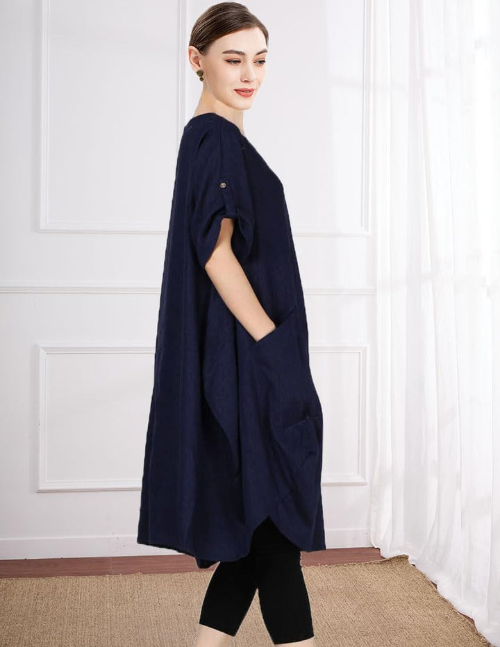 Wisteria Vestido Túnica Mujer – Lino Algodón, Mangas Cortas y Bolsillos Boho Oversize