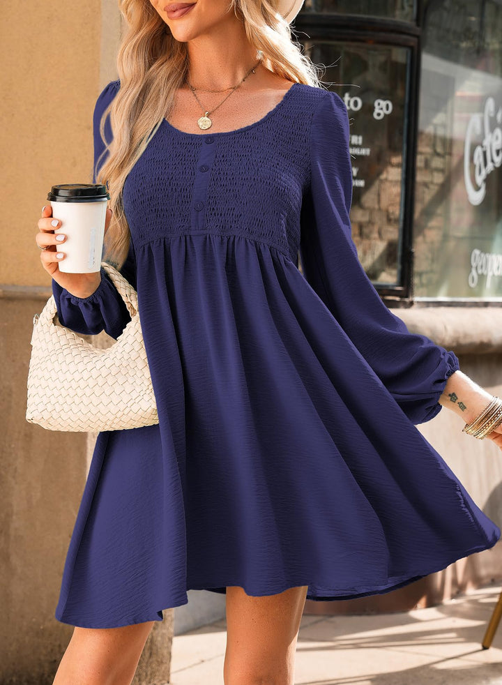 Vestido Midi Elara para Mujer – Mangas Largas, Cuello Redondo y Corte A en Muselina Elegante