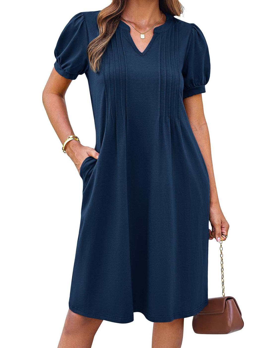 Giada Vestito Midi Donna – Scollo Henley a V, Maniche Corte & A-Line con Tasche