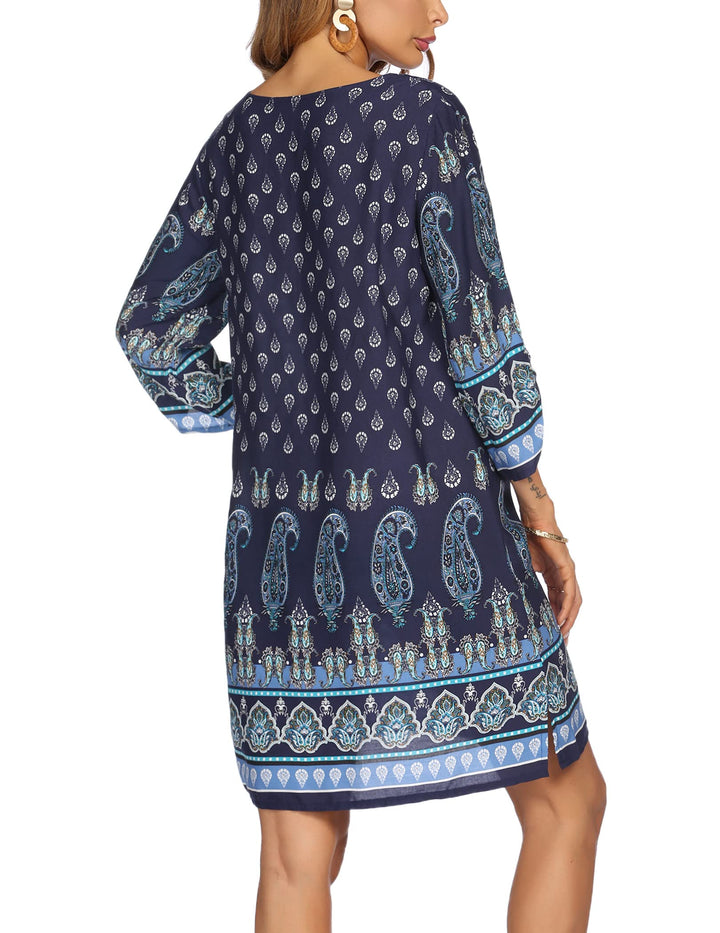 Odelia Women's Boho Dress – 3/4 Sleeves, V-Neck with Tassels & Floral Tunic