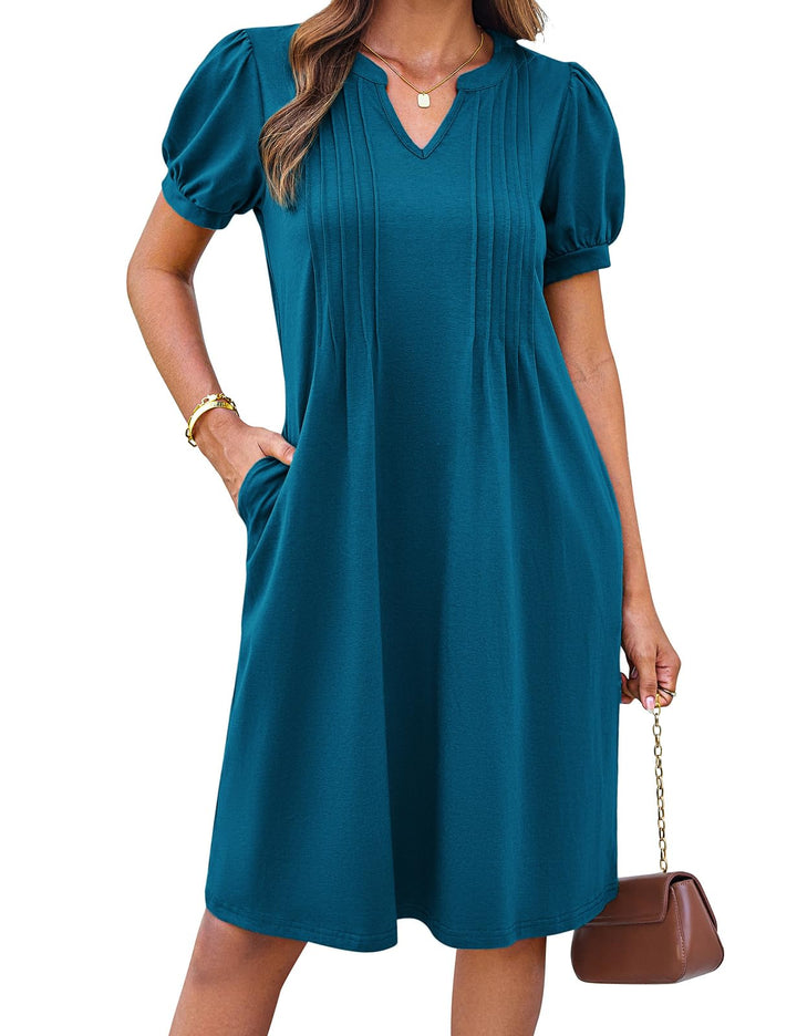 Giada Vestito Midi Donna – Scollo Henley a V, Maniche Corte & A-Line con Tasche