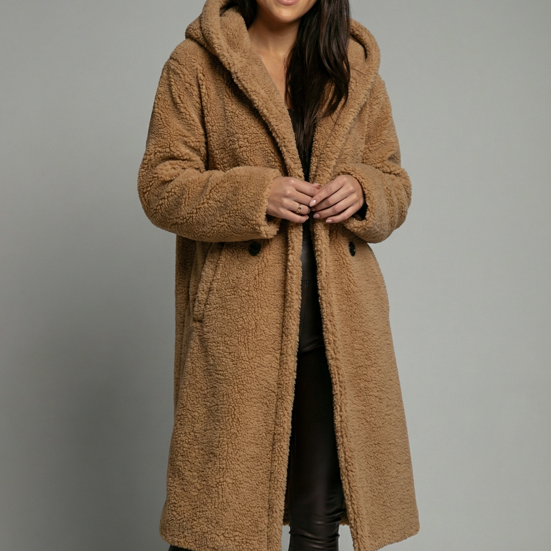 Abrigo de Lana Teddy para Mujer Emora Nova – Sobredimensionado con Capucha en Mezcla de Lana