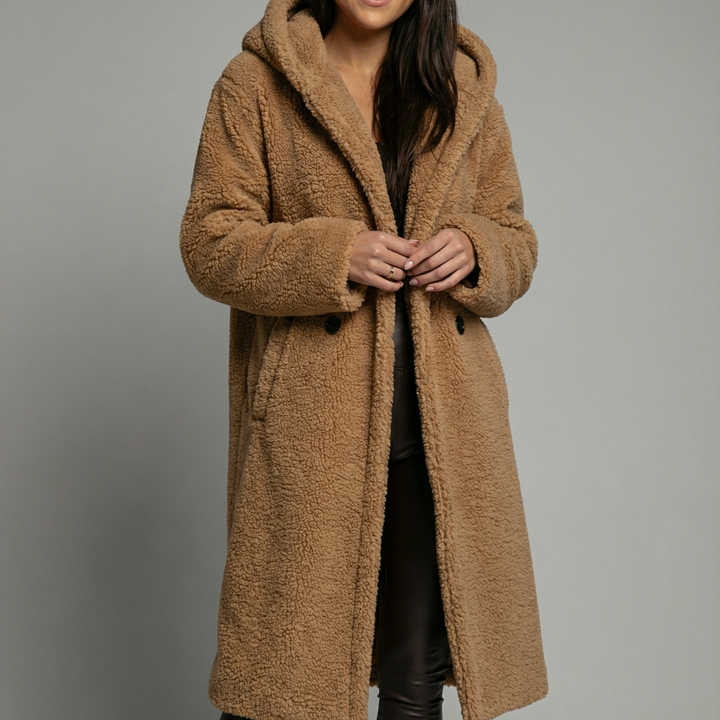 Abrigo de Lana Teddy para Mujer Emora Nova – Sobredimensionado con Capucha en Mezcla de Lana