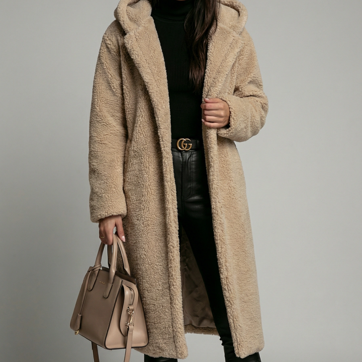 Abrigo de Lana Teddy para Mujer Emora Nova – Sobredimensionado con Capucha en Mezcla de Lana