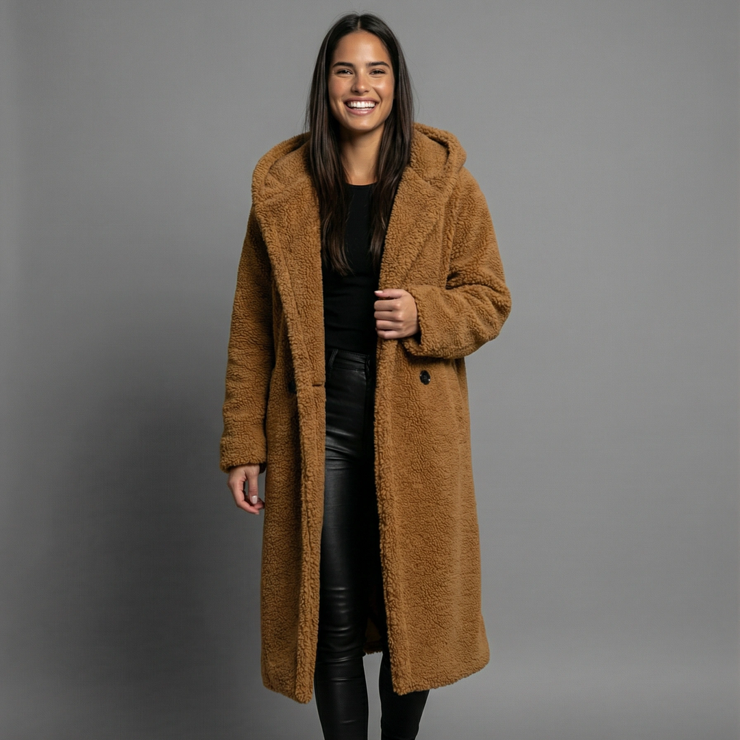 Abrigo de Lana Teddy para Mujer Emora Nova – Sobredimensionado con Capucha en Mezcla de Lana