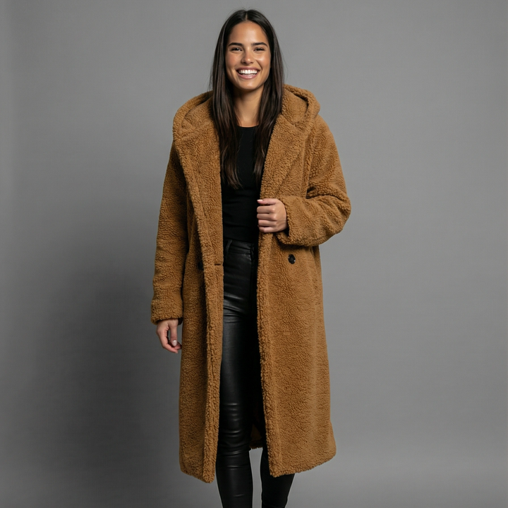 Abrigo de Lana Teddy para Mujer Emora Nova – Sobredimensionado con Capucha en Mezcla de Lana