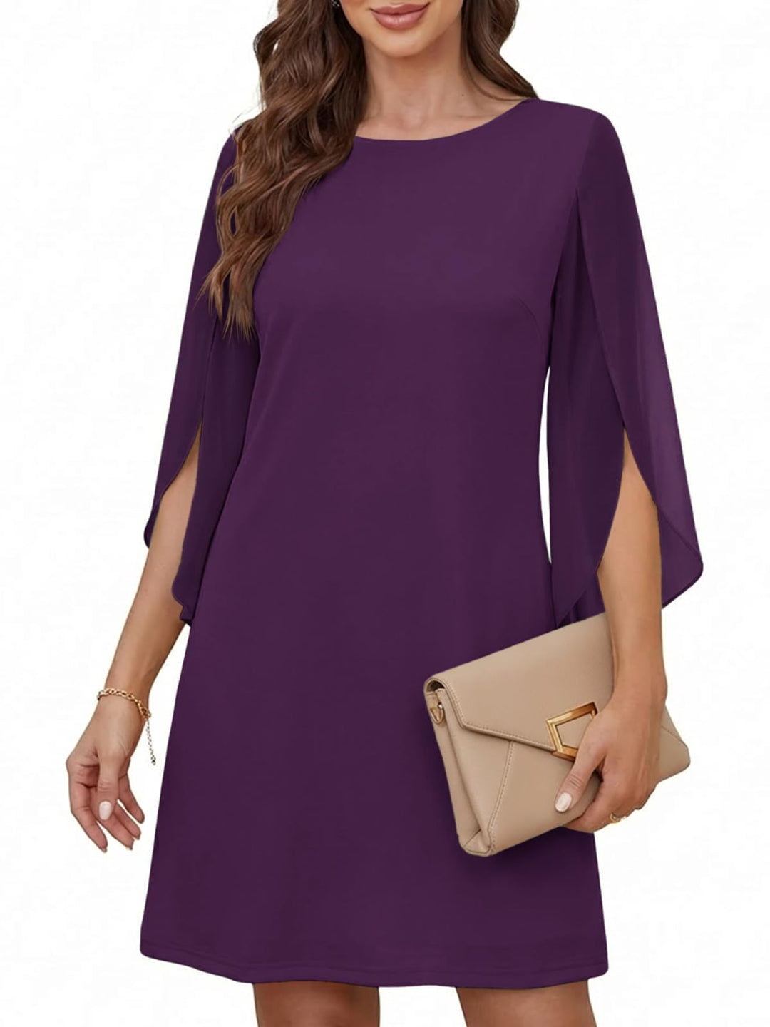 Vestido Elegante Marino para Mujer – Cuello Redondo, Mangas 3/4 de Chifón y Largo hasta la Rodilla
