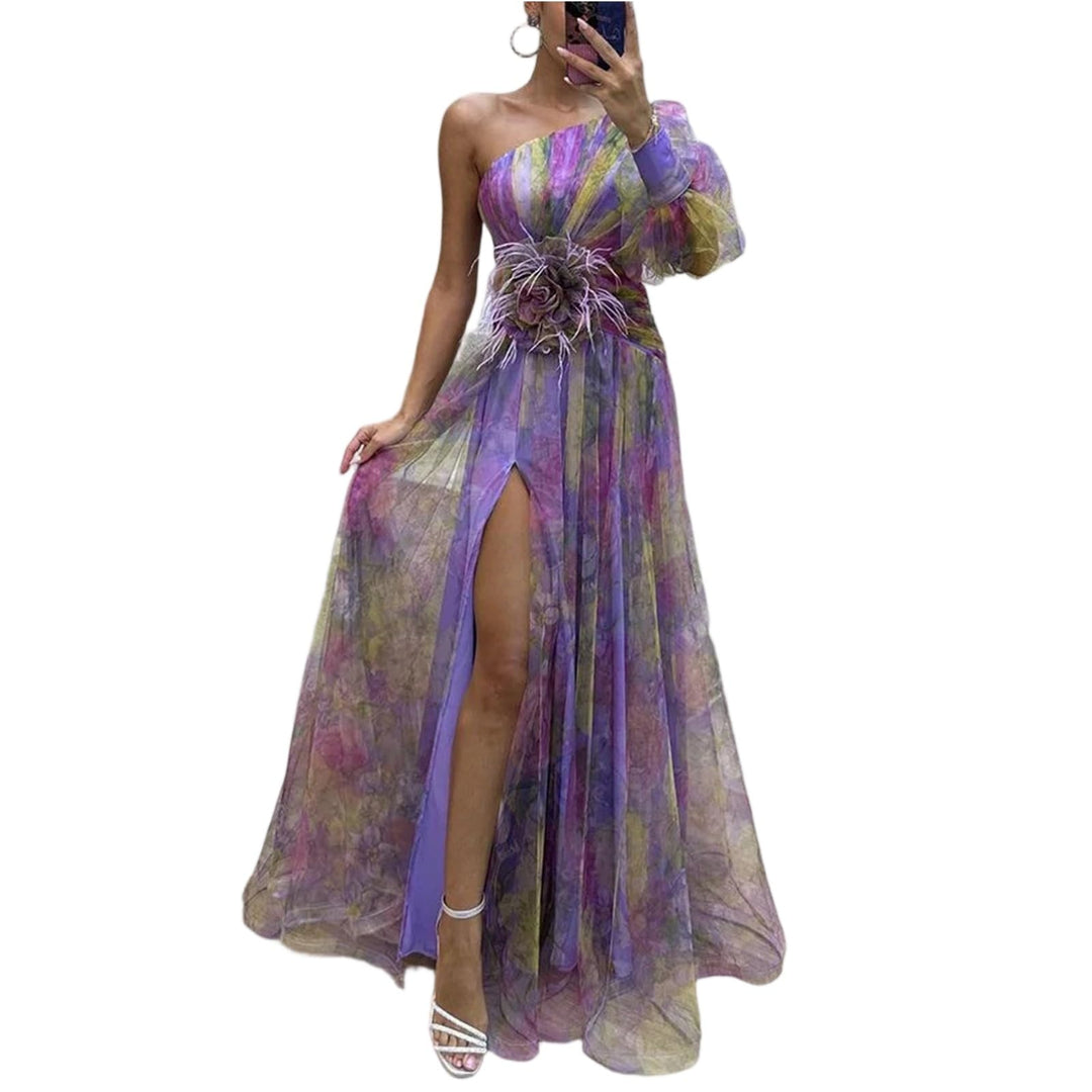 Evania Vestido Elegante para Mujer – Hombros Descubiertos, Tul en Línea A y Maxi con Abertura para Noche