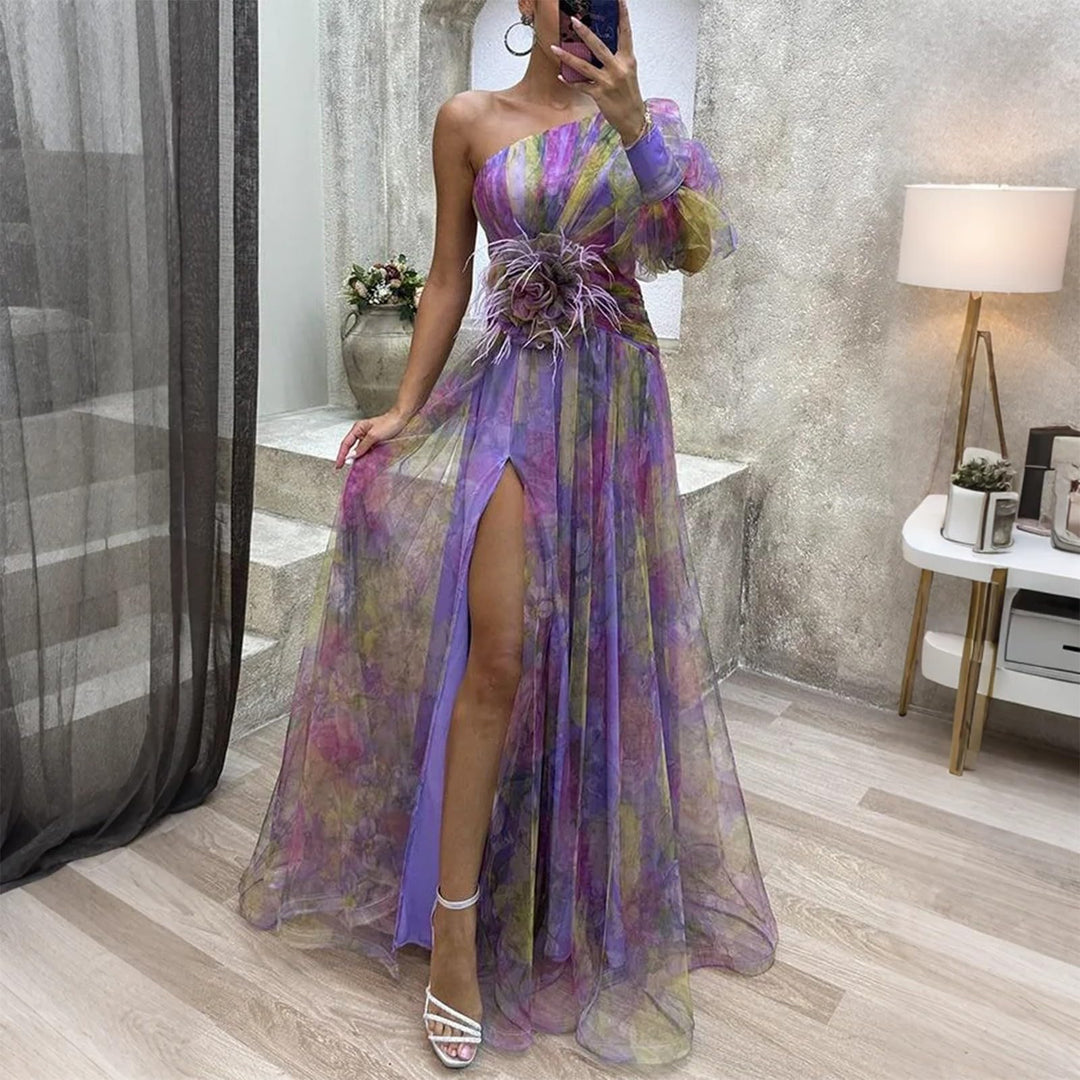 Evania Vestido Elegante para Mujer – Hombros Descubiertos, Tul en Línea A y Maxi con Abertura para Noche