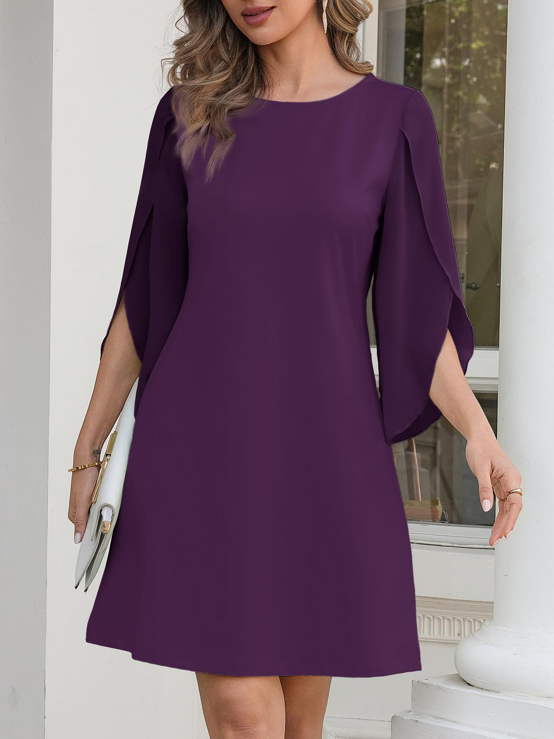 Vestido Elegante Marino para Mujer – Cuello Redondo, Mangas 3/4 de Chifón y Largo hasta la Rodilla