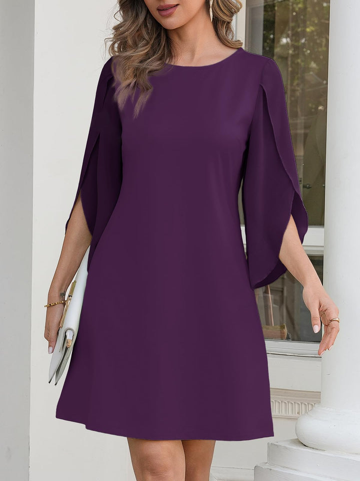 Vestido Elegante Marino para Mujer – Cuello Redondo, Mangas 3/4 de Chifón y Largo hasta la Rodilla