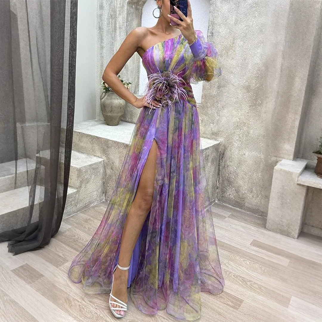 Evania Vestido Elegante para Mujer – Hombros Descubiertos, Tul en Línea A y Maxi con Abertura para Noche