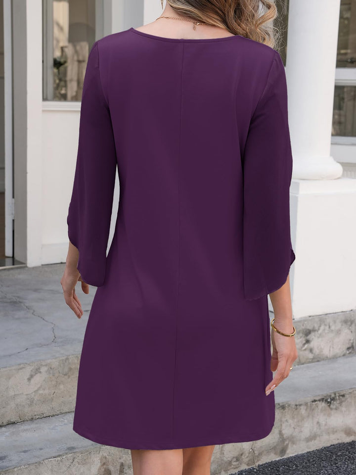 Vestido Elegante Marino para Mujer – Cuello Redondo, Mangas 3/4 de Chifón y Largo hasta la Rodilla