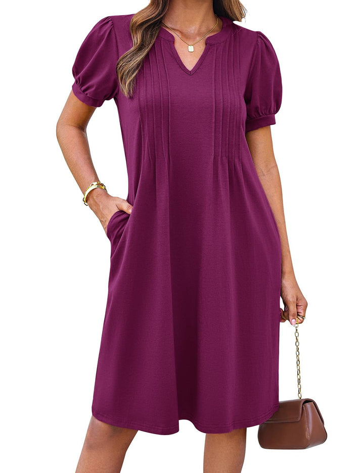 Giada Vestito Midi Donna – Scollo Henley a V, Maniche Corte & A-Line con Tasche