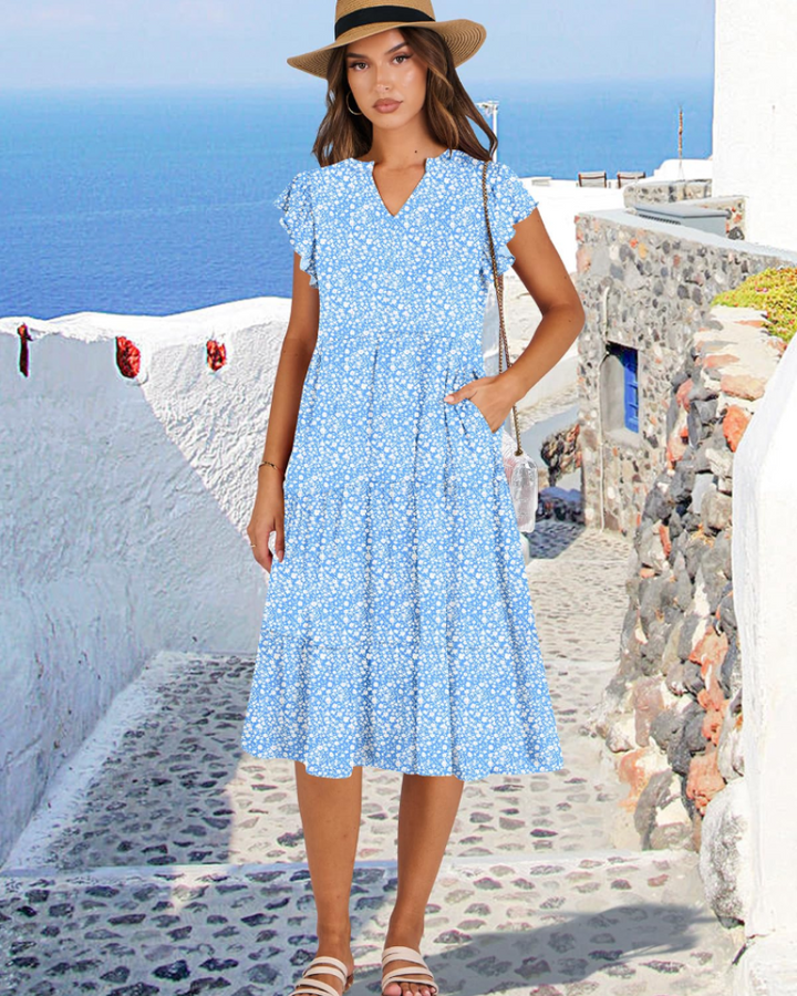 Vestido Midi Quinn para Mujer – Escote en V, Mangas Volante y Vestido Boho con Volantes