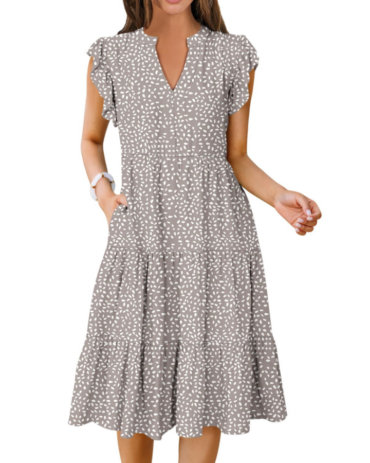 Vestido Midi Quinn para Mujer – Escote en V, Mangas Volante y Vestido Boho con Volantes