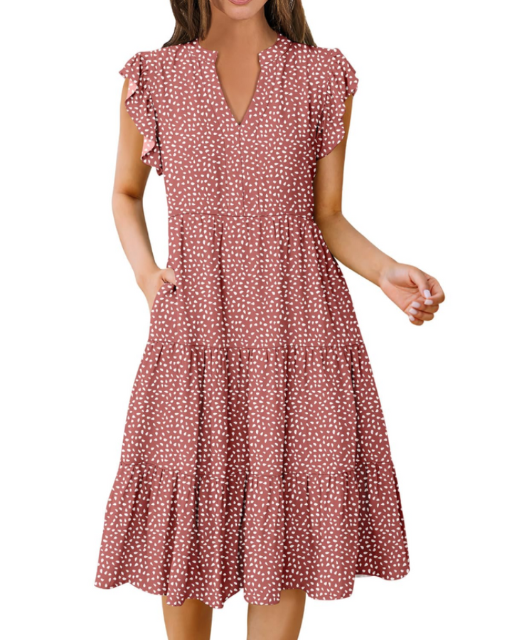 Vestido Midi Quinn para Mujer – Escote en V, Mangas Volante y Vestido Boho con Volantes
