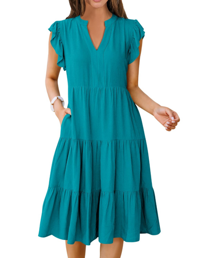Vestido Midi Quinn para Mujer – Escote en V, Mangas Volante y Vestido Boho con Volantes