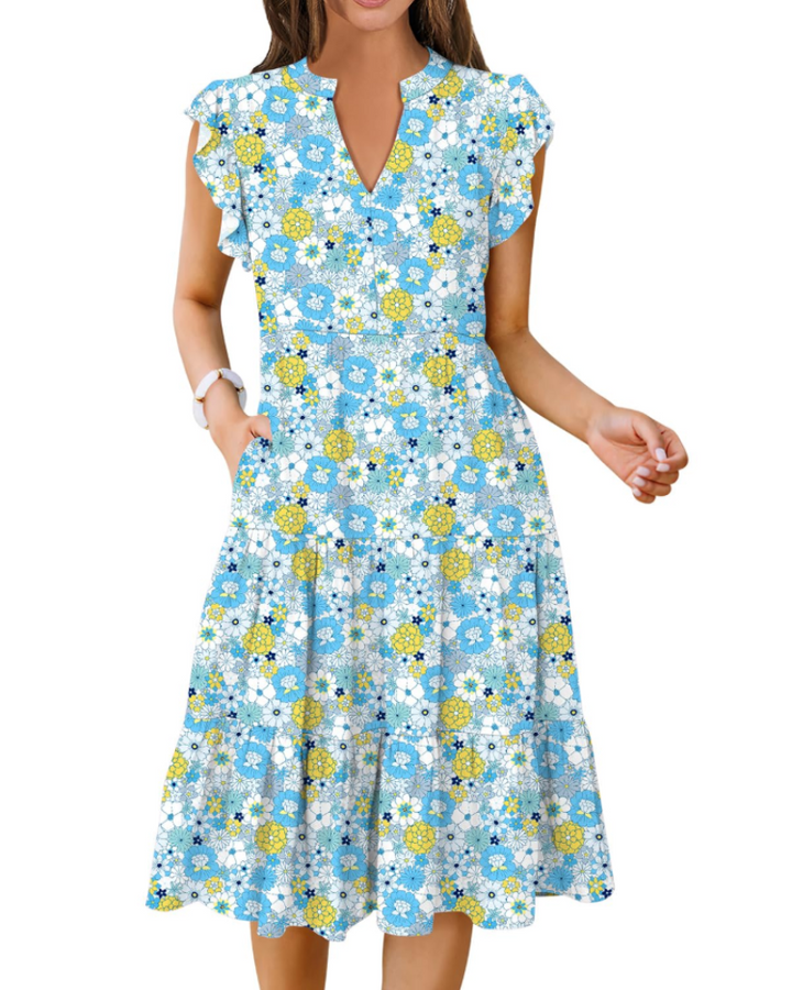 Vestido Midi Quinn para Mujer – Escote en V, Mangas Volante y Vestido Boho con Volantes