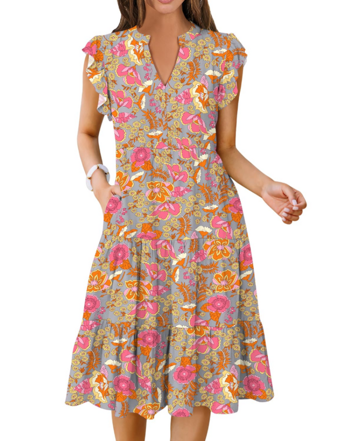 Vestido Midi Quinn para Mujer – Escote en V, Mangas Volante y Vestido Boho con Volantes
