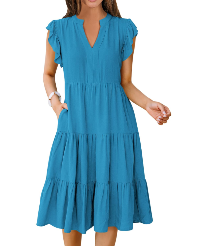 Vestido Midi Quinn para Mujer – Escote en V, Mangas Volante y Vestido Boho con Volantes