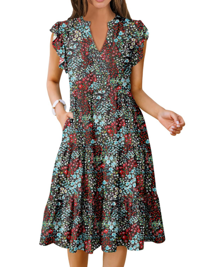 Vestido Midi Quinn para Mujer – Escote en V, Mangas Volante y Vestido Boho con Volantes
