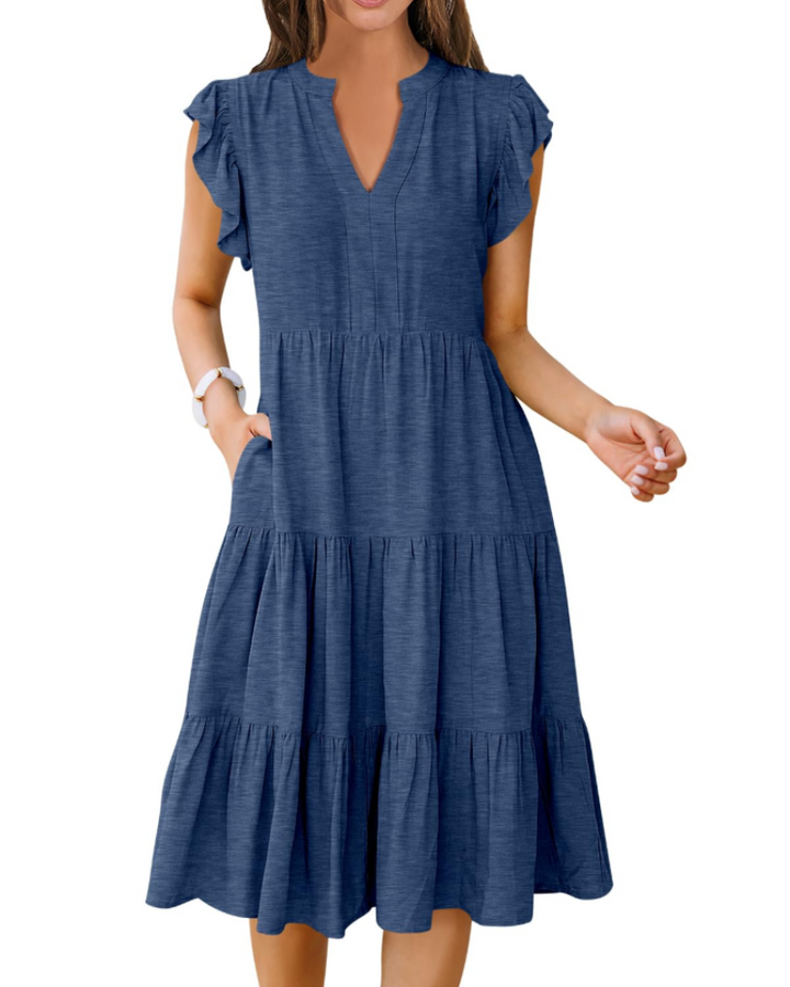 Vestido Midi Quinn para Mujer – Escote en V, Mangas Volante y Vestido Boho con Volantes