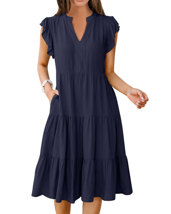 Vestido Midi Quinn para Mujer – Escote en V, Mangas Volante y Vestido Boho con Volantes