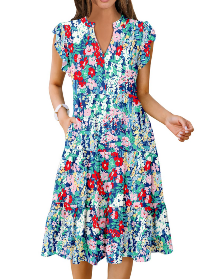 Vestido Midi Quinn para Mujer – Escote en V, Mangas Volante y Vestido Boho con Volantes