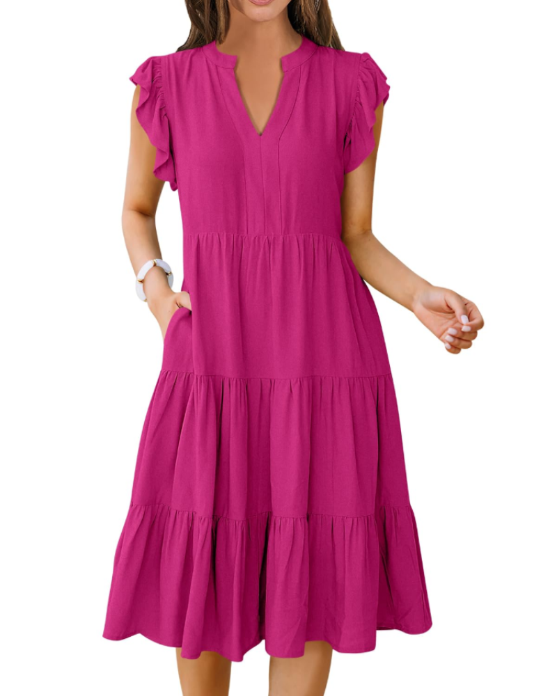 Vestido Midi Quinn para Mujer – Escote en V, Mangas Volante y Vestido Boho con Volantes