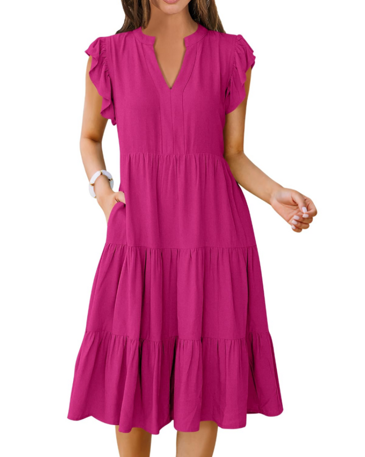 Vestido Midi Quinn para Mujer – Escote en V, Mangas Volante y Vestido Boho con Volantes