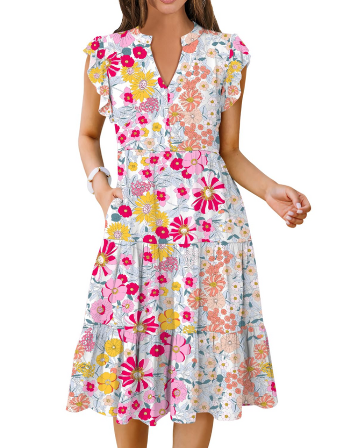 Vestido Midi Quinn para Mujer – Escote en V, Mangas Volante y Vestido Boho con Volantes