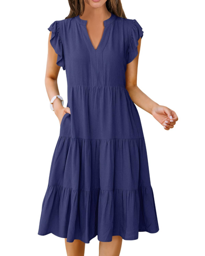 Vestido Midi Quinn para Mujer – Escote en V, Mangas Volante y Vestido Boho con Volantes