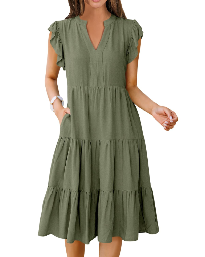 Vestido Midi Quinn para Mujer – Escote en V, Mangas Volante y Vestido Boho con Volantes