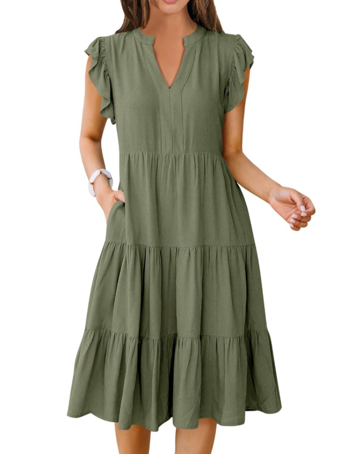 Vestido Midi Quinn para Mujer – Escote en V, Mangas Volante y Vestido Boho con Volantes